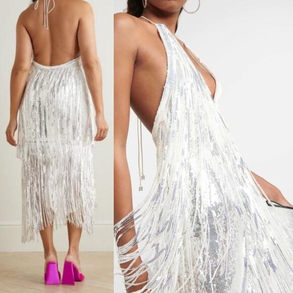 Rotate Birger Christensen Sequin Metallic Fringe Sleeveless Dress Silver Size 10 - Picture 4 of 16